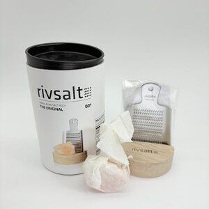 RIVSALT Pink Himalayan Rock Salt with Metal Grater and Wooden Stand New in Box
